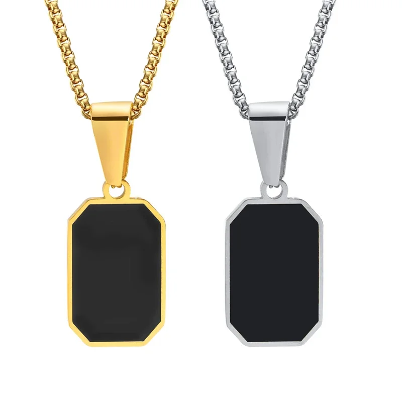 "Men's Stainless Steel Black Rectangle Pendant Necklace – Gold & Silver Chain
