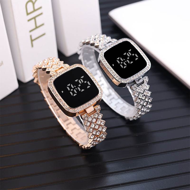 Stylish Women’s Luxury Diamond Watch – Stainless Steel Band LED Touch Electronic Watch