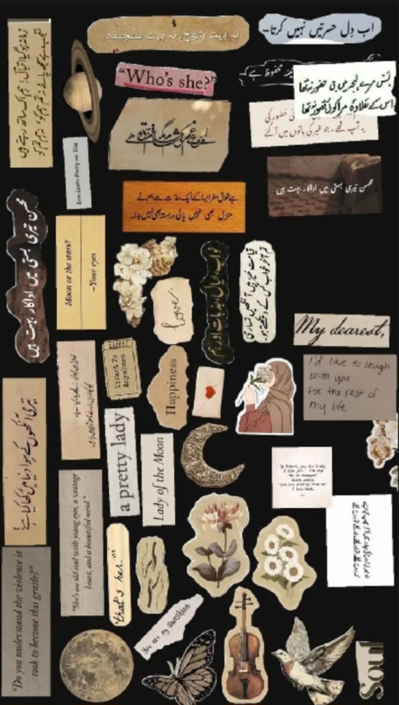 20pcs Vintage Urdu Shayari & Bookish Aesthetic Stickers featuring poetry quotes, English lines, Arabic text and floral collage design on waterproof vinyl. Perfect for journal, scrapbook, laptop and diary decoration with a soft vintage literary vibe.