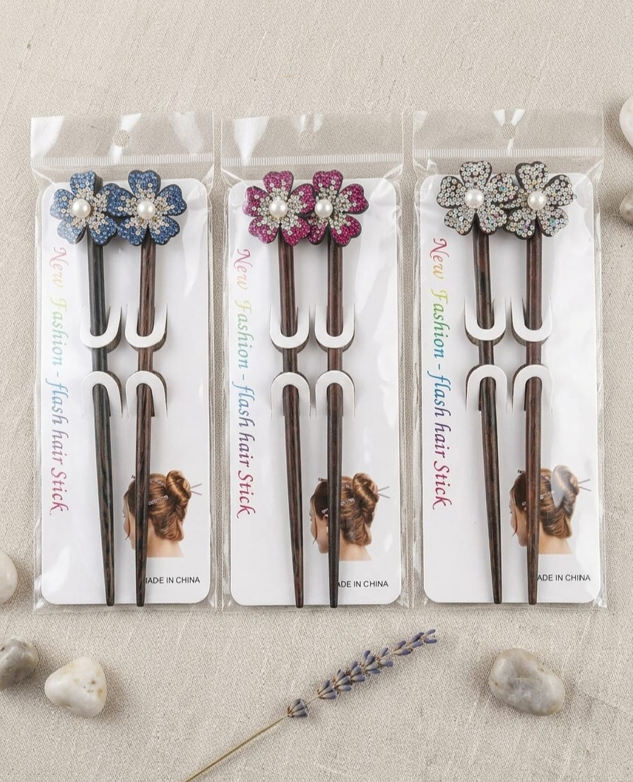 2Pcs Vintage Wooden Flower Hair Sticks - Rhinestone & Faux Pearl Hairpins for Women, Elegant Chignon Hair Chopsticks Bun Maker Accessories