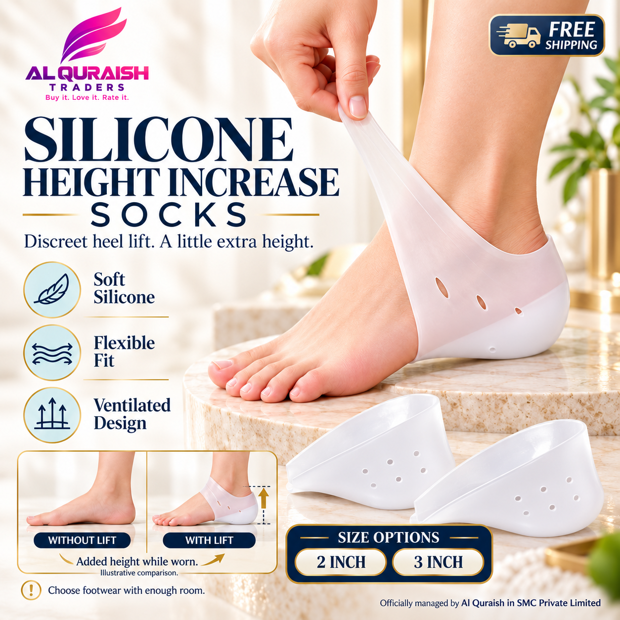 2cm 3cm 4cm Invisible Height Lift Half Socks & Silicone Gel Heel Insert Pads – Invisible Shoe Lift Insoles, Hidden Height Increase Socks for Men & Women (1 Pair)