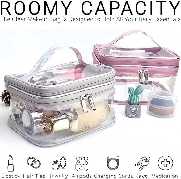 Clear Makeup Bags, Travel Cosmetic Zipper Pouch for Women, Transparent Makeup Organizer Storage Case for MakeUp Brushes, Travel Toiletry Bags for Girls with Portable Handle (Pink (Double Layer))