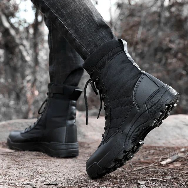 Black Military Boots for Men, Breathable Tactical Boots, Tactical Long Boots, Desert, Army, Combat, Ankle Boot, Trekking, Hiking, Work Shoes with Side Zip, Black