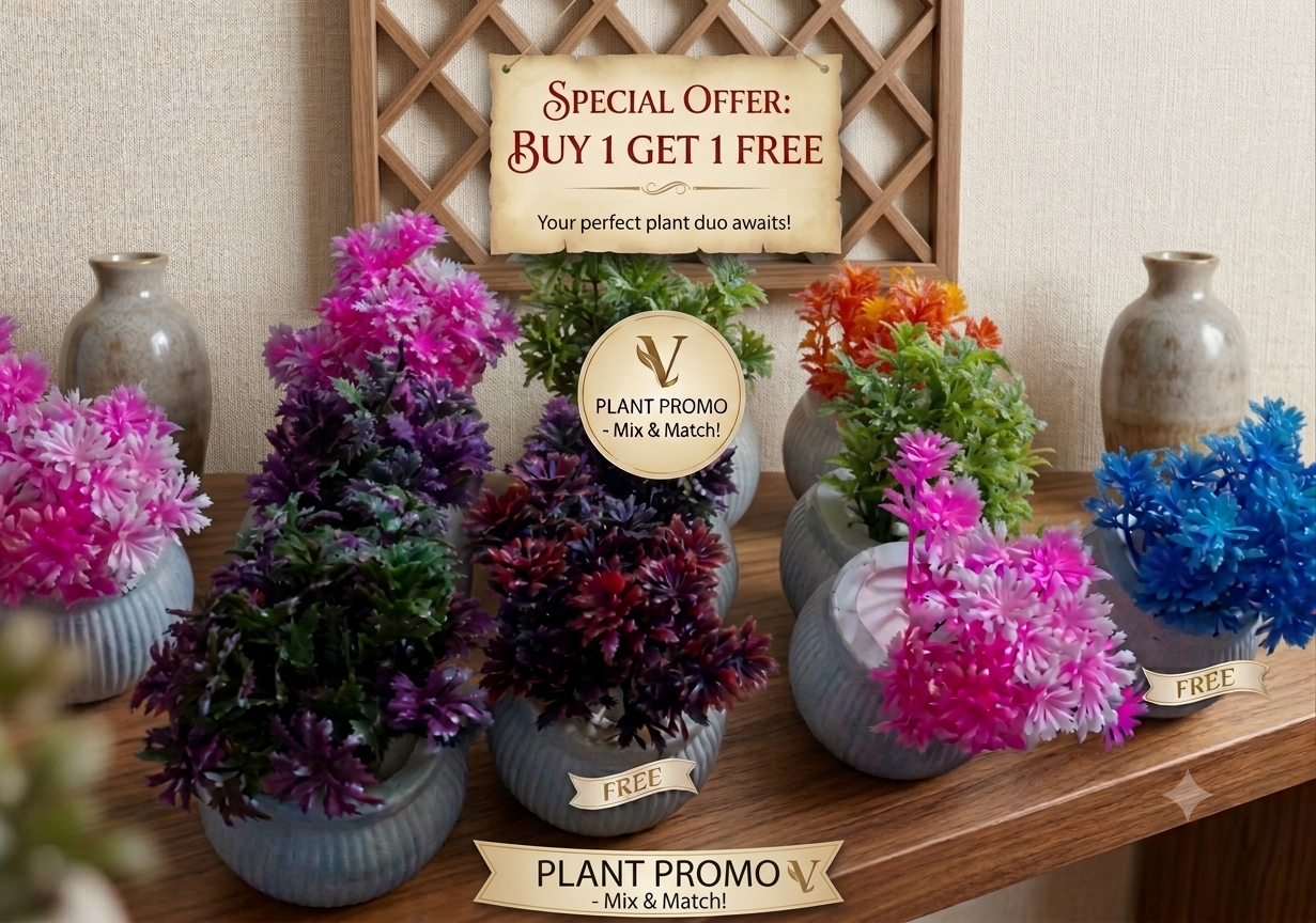 Buy 1 Get 1 Free - Mini Artificial Flower Pot with Vase (Pack of 2) | Premium Plastic Fake Plants for Home, Office, Kitchen & Room Decoration
