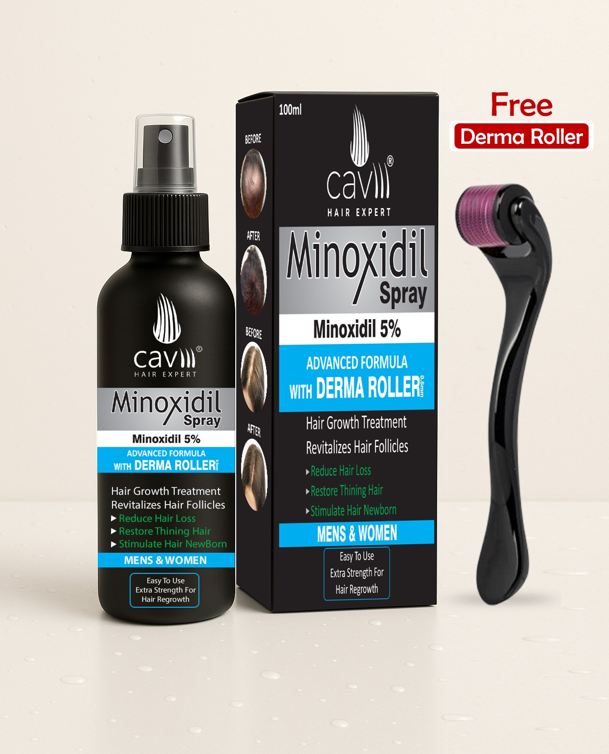 Minoxidile 5% hair spray with Free Derma roller styling and growth made in USA