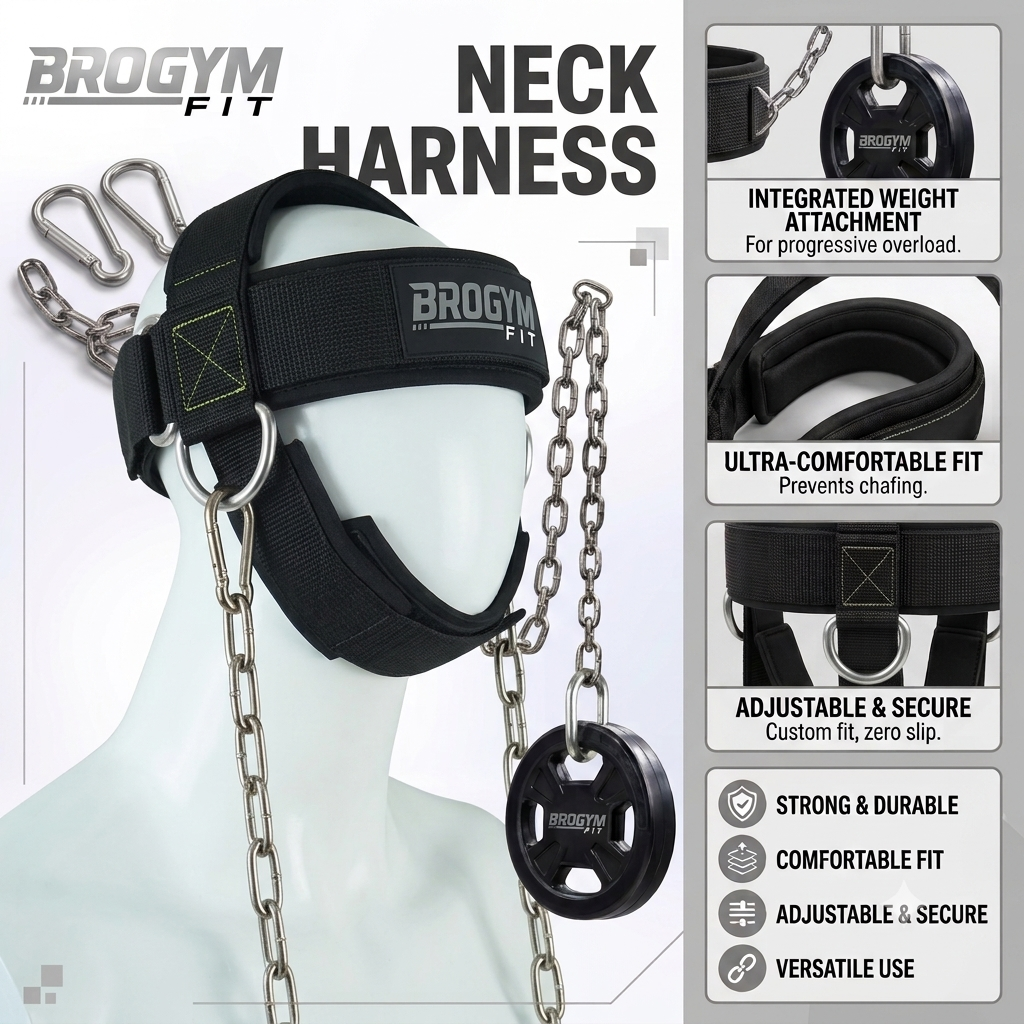 BROGYM FIT Neck Harness with Heavy Duty Chain | Adjustable Head Harness for Neck Strength Training | Weight Lifting, Wrestling, Boxing & Gym Workout Equipment