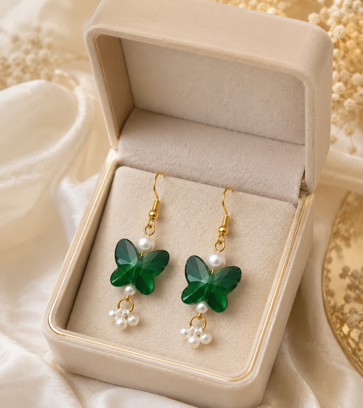 Green Butterfly Pearl Drop Earrings for Women | Fashion Jewelry | Elegant Hanging Earrings | Gift for Girls & Women