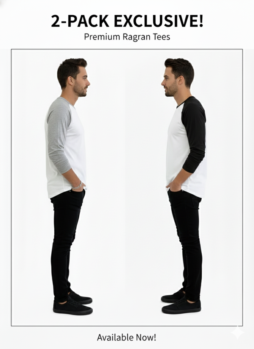 Men's  Basic Raglan Long-Sleeve T.shirt 2-Pack (Gray/Black)