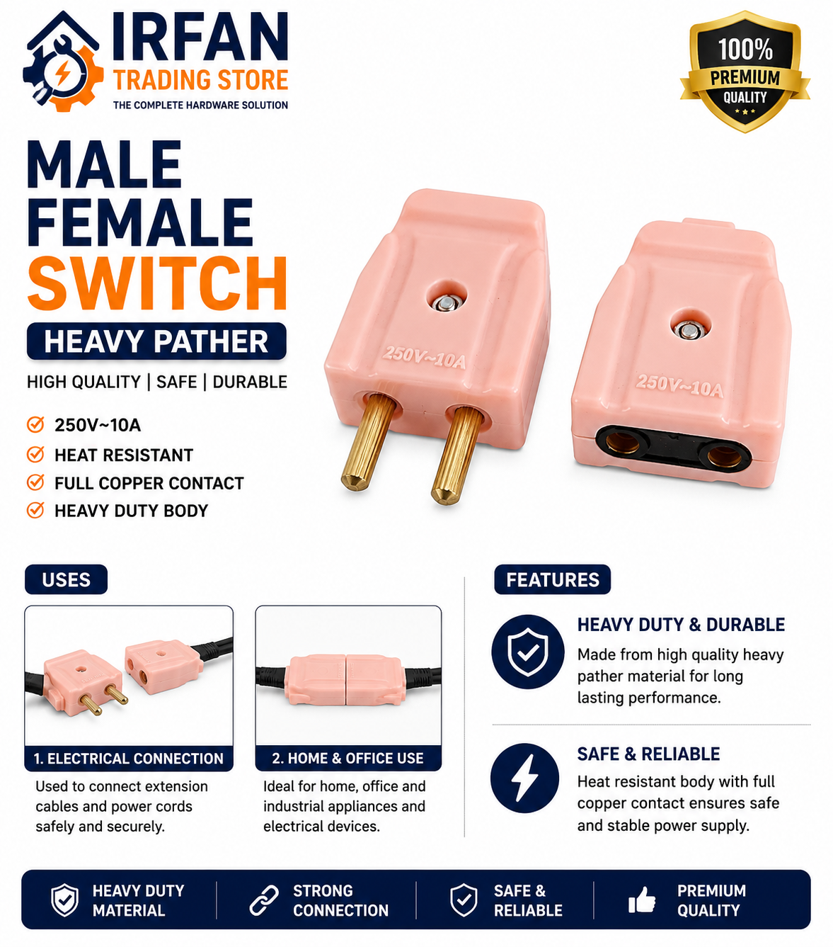 Heavy Duty Male Female Plug Connector | 2 Pin Electrical Plug & Socket | Heat Resistant Power Connector for Extension Cable & Home Wiring