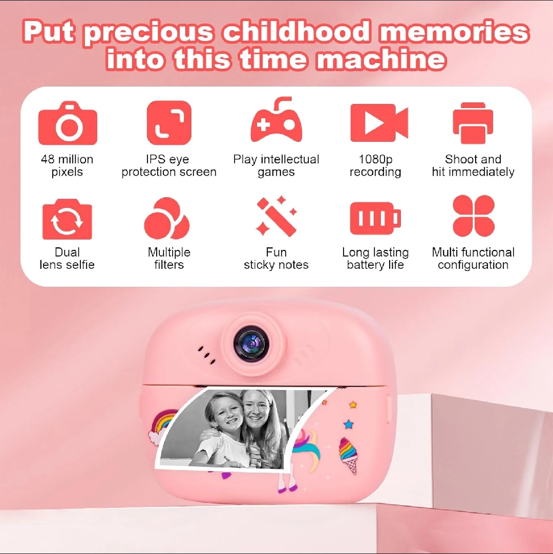 smart Digital Dual Lens instant Print camera For kids 1080 P Vedio Recorder & Selfie Camera With Tharmal Printer Camera 2.4" IPS Screen Mini Portable Camera With Games Best Gift For Gift For Both Girls And Boys ! Children Digital Camera Toys For Kids