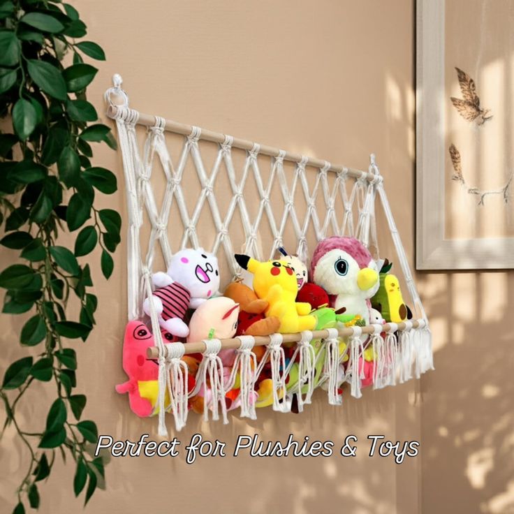 Macramé Hanging Storage Shelf – Perfect for Displaying Plushies, Stuffed Animals, and Toys – Decorative Wall Organizer for Kids Room and Playroom