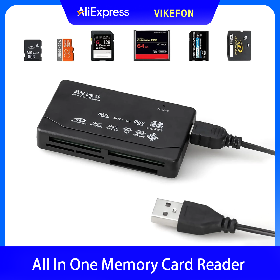 All In One Memory Card Reader USB External Cardreader SD SDHC Mini Micro M2 MMC XD CF Reader  For MP3, Digital Camera
