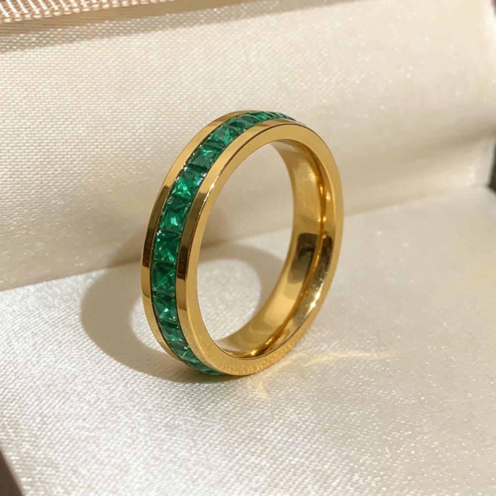 Small Square Green Rhinestone Stainless Steel Rings For Women Female Gold Silver Color Engagement Wedding Bands Party Jewelry