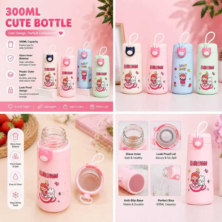 300ml Cute Glass Insulated Water Bottle | Small Thermal Bottle with Lid | Portable Hot & Cold Drink Bottle | Random Colors