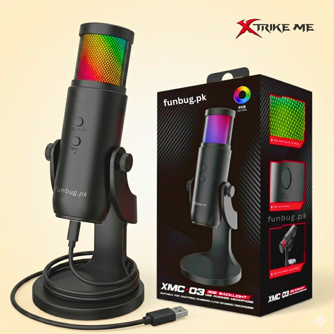 Xtrike-Me Professional Condenser Microphone for Studio Recording - USB Powered Omnidirectional Dynamic Gaming Mic for Mobile, PC, Desktop, Podcasting, Live Streaming, Singing, ASMR, Youtube - 12 RGB Lighting Modes - 360° Rotatable Body - XMC03 by FunBug