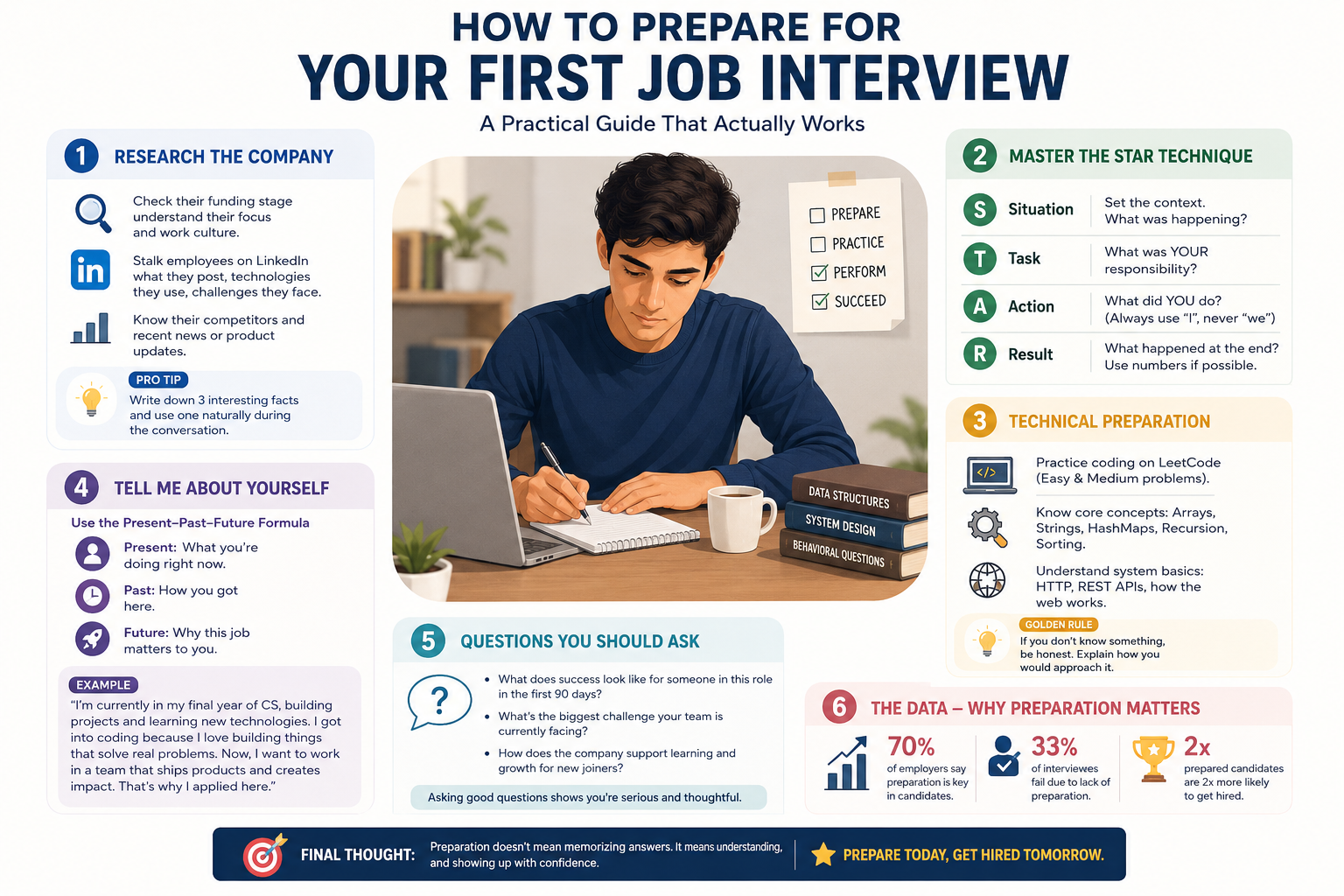 Job interview preparation checklist – includes researching company, practicing answers, technical skills, and asking smart questions.