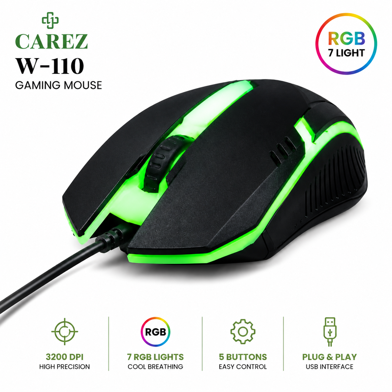 Rgb 7 light 3200 DPI | DPI Breathing gamer mouse with wired Led