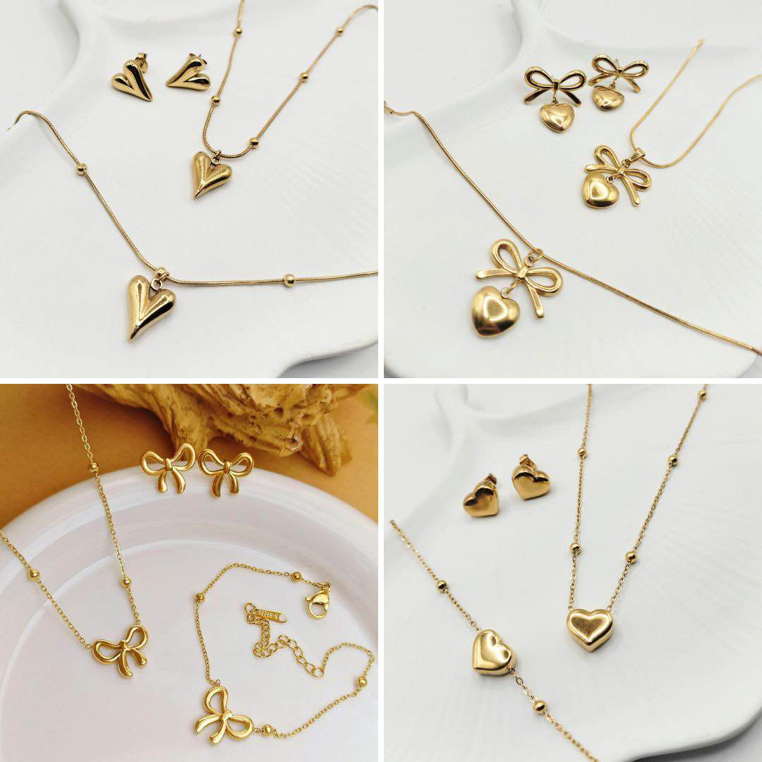 Trendy Bow Ribbon Complete Set with Necklace Earring and Bracelet Jewellery Set for Women and Girls | Stainless Steel | Daily Wear | New Article