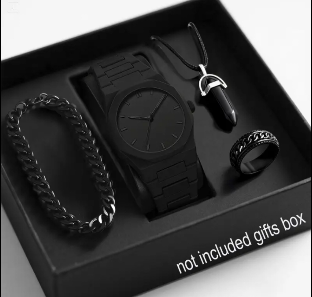 1 Men's Black Casual Quartz Watch + 3pcs Necklace, Bracelet & Ring Jewelry Set Amazing Men's Fashion Watch Jewelry Gift For Birthday Wedding Engagement Parties