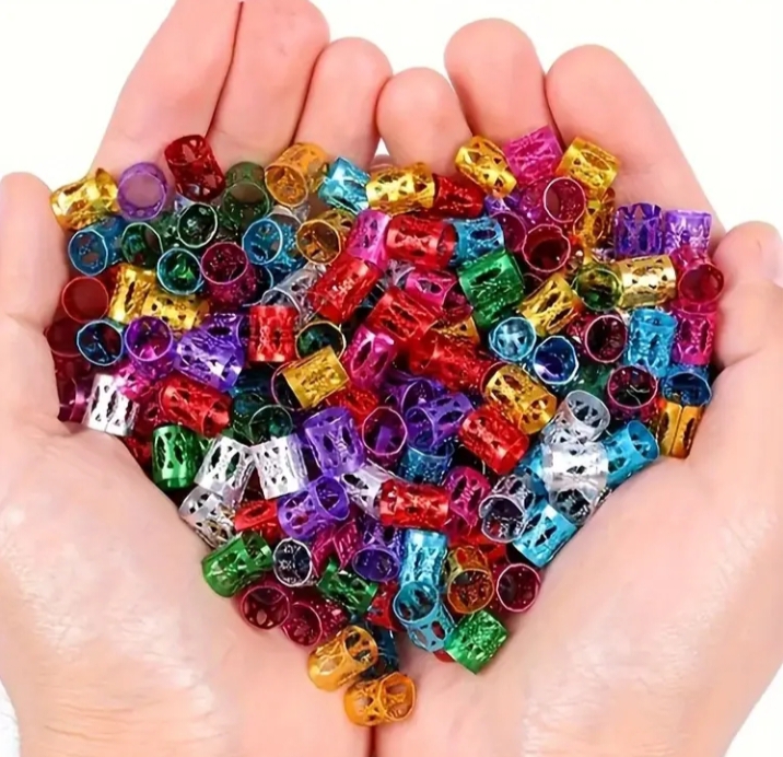 Braid Beads & Braided Rings Set, Aluminum Alloy, Geometric Patterns, Mixed Color, Hollow & Beaded Design, Elegant & Cute Style, Round Shape, Baby Girl Hair Accessories for Valentine's Day