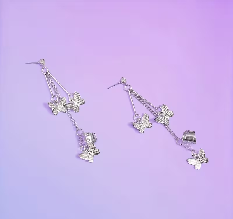 Pair of (2 Pcs) Silver plated Long Chain Butterfly Design Ear Cuffs Earrings for Women and Girls