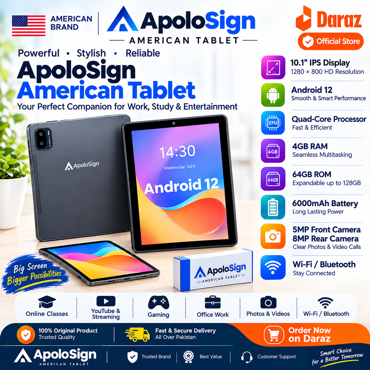 ApoloSign American Tablet A16 10.1" HD Android 12 Tablet - 4GB RAM 64GB ROM - 6000mAh Battery - Google Kids Space - 5MP+8MP Dual Camera
