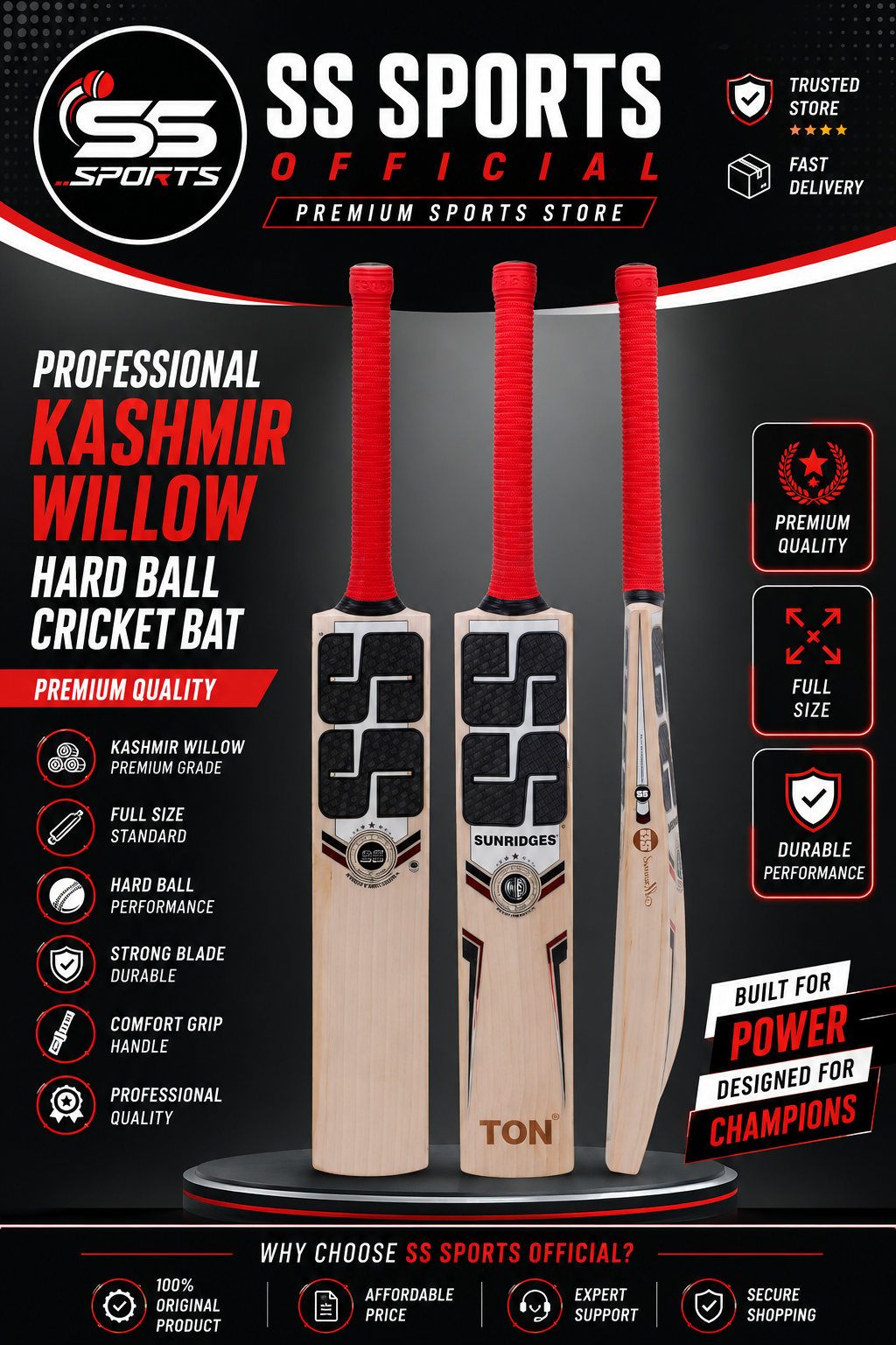 SS Sports Professional Kashmir Willow Hard Ball Cricket Bat  Premium Quality  Full Size