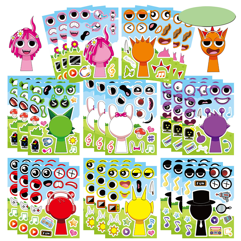 8/16Sheets Anime Sprunki Funny Puzzle Sticker Make a Face Decals Game Kids Toys Cartoon Assemble Jigsaw Children Party 