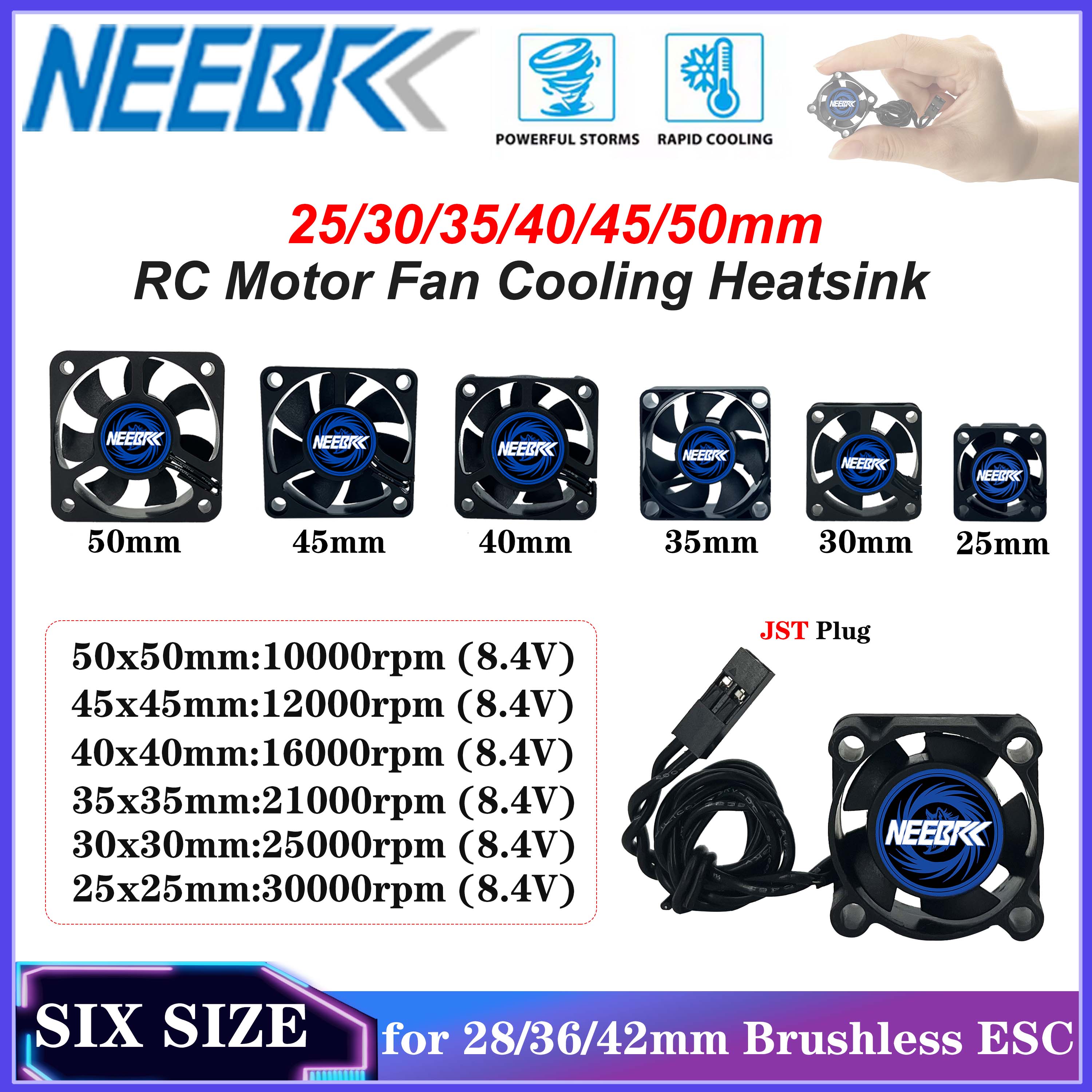 NEEBRC 25/30/35/40/45/50mm RC Motor Cooling Fan High Wind Rapid Heatsink 10000-30000RPM 5V-12V JST Plug for 28/36/42mm Motor ESC