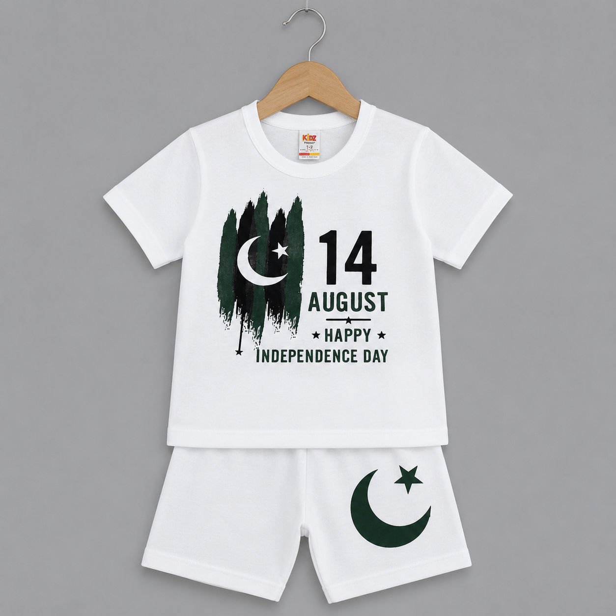 14 August Independence Day Kids T-Shirt & Shorts Set | Pakistan Zindabad Printed Summer Outfit | Baby Boys & Girls Pakistan Flag Dress | White Patriotic 2 Piece Clothing (3 Month–5 Years) Ali collection