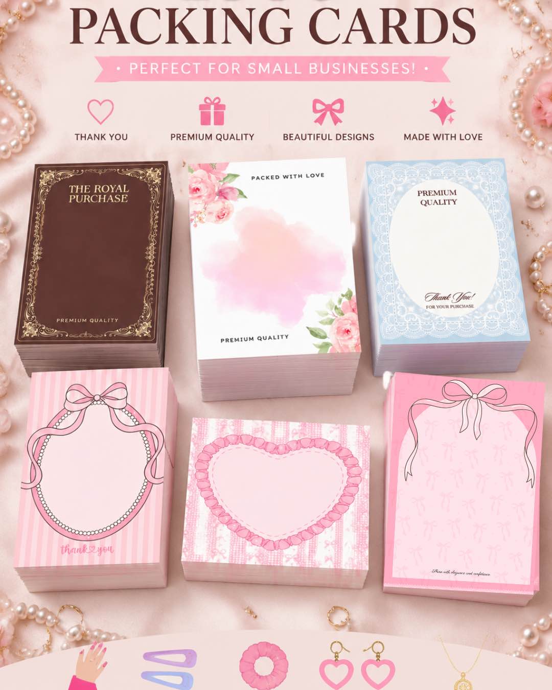 50 Packing Cards for Small Business | Jewellery, Nails, Hair Accessories, Scrunchies Display Cards | 7.5x10cm Packaging Cardboard | Pack of 50, 100, 1000 | Packing Material for Small Business | aesthetic affordable wholesale price bulk packaging