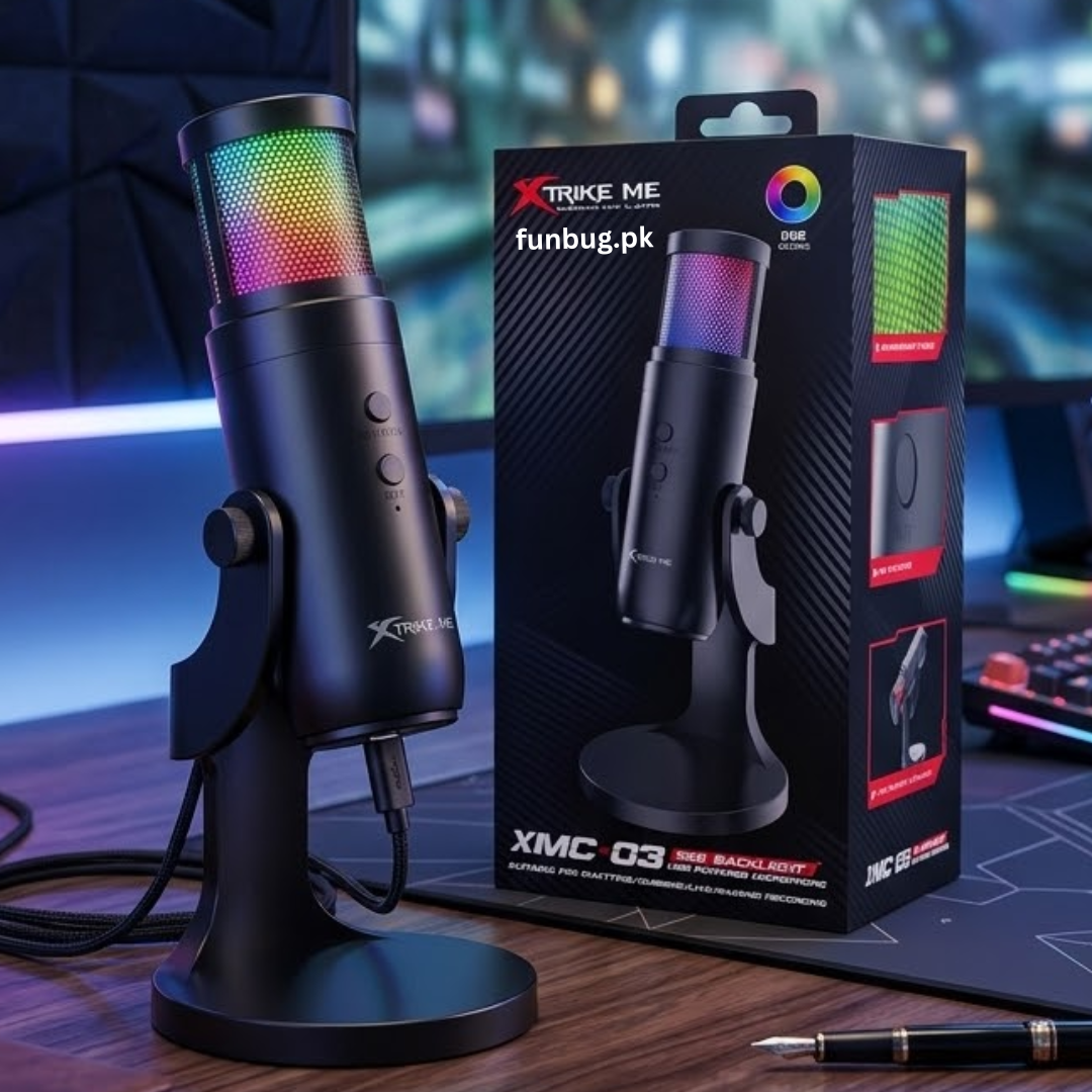 Xtrike-Me Professional Condenser Microphone for Studio Recording - USB Powered Omnidirectional Dynamic Gaming Mic for Mobile, PC, Desktop, Podcasting, Live Streaming, Singing, ASMR, Youtube - 12 RGB Lighting Modes - 360° Rotatable Body - XMC03 by FunBug