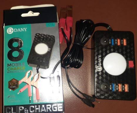 Danny C-1 clipper charger with LED Light 6 USB ports ( Battery DC Solar Mobile Phone Charger Adapter + USB Battery Clamp + Power Cable ), best price in Pakistan