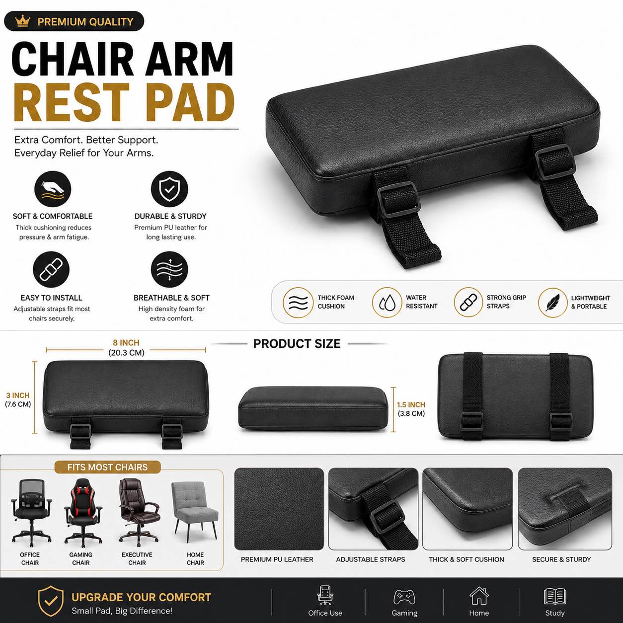 Chair Arm Rest Pad (2PCS / 1 Pair) | Premium PU Leather Armrest Cushion | Adjustable Straps | Office, Gaming & Computer Chair Arm Support