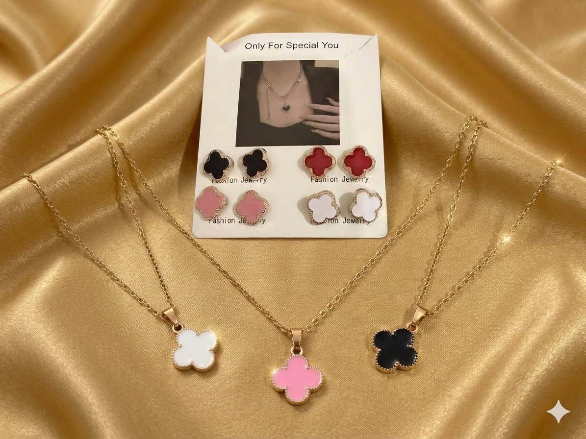 Women Pendant Set with Earrings | Clover Design Necklace + 4 Color Stud Earrings Set | Stylish Jewelry Gift for Girls #pendantsforgirls