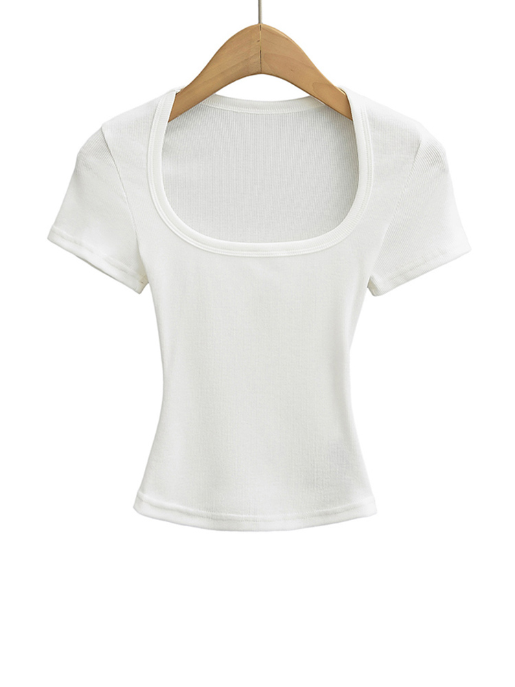 Women's Square Collar Slim Fit Crop Top High Stretch Short Sleeve Pullover  Summer Blouse T-shirt Bottoming
