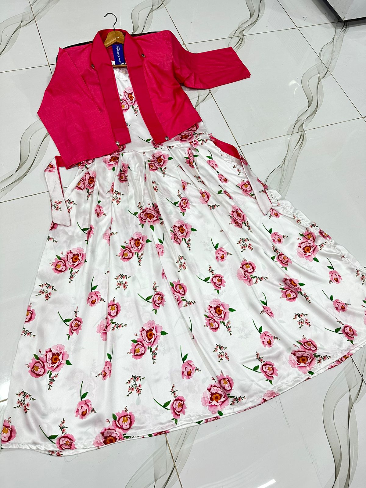 Jacket Style Maxi. Long Maxi with Jacket. Digital Printed Long Flare SleeveLess Belt Attached Maxi With Cotton Koti 2Pcs