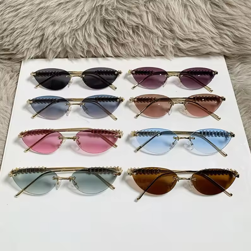 Cycling Trendy Rimless Cat Eye Metal Sunglasses Women Small Frame Luxury Brand Rivet Sun Glasses Female Elegant Unique Eyewear