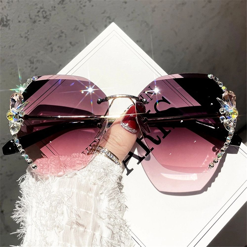 Vintage Cutting Lens UV400 Rhinestone Sunglasses Women Sun Glasses Rimless Sunglasses Gradient Rimless Sunglasses