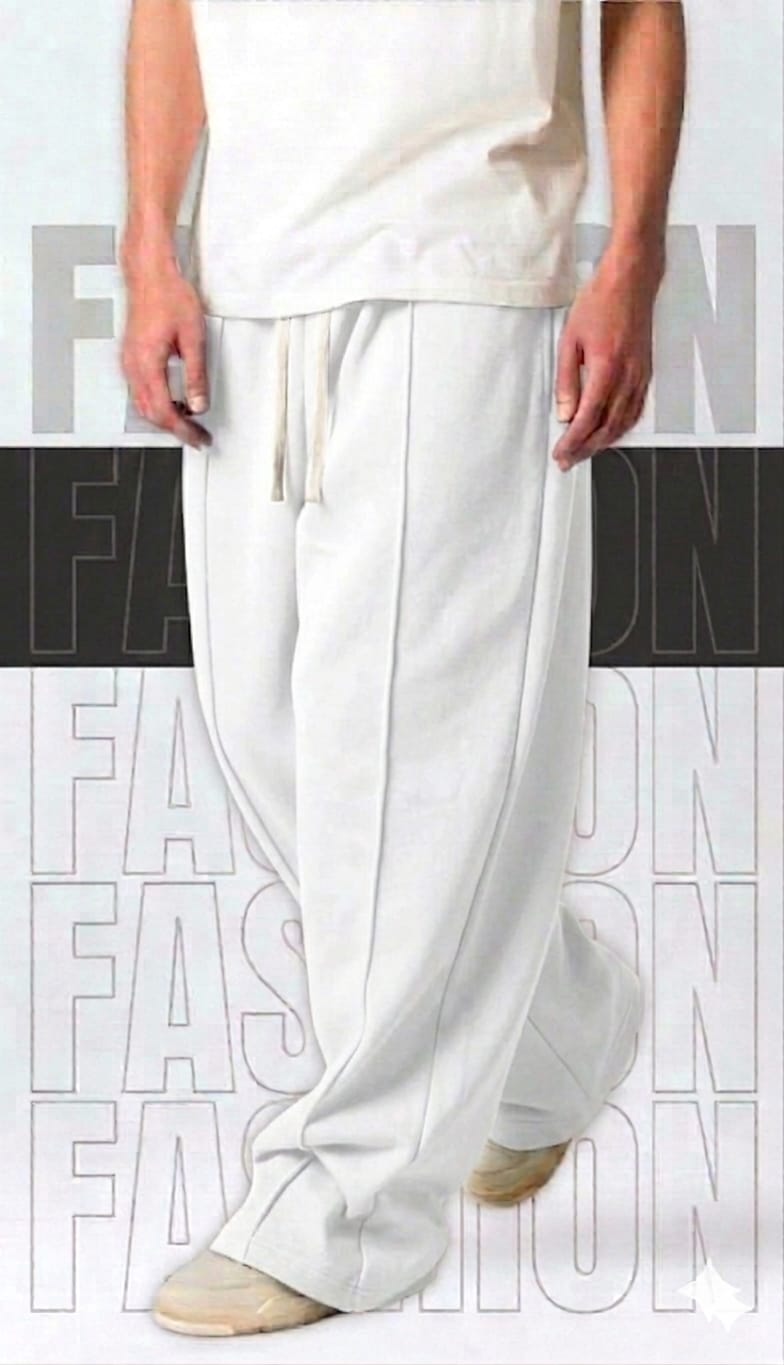 White Wide Leg Beggy  Trousers For Boys - Trousers with Front Pintex Stitched line and Bone Zip Pocket
