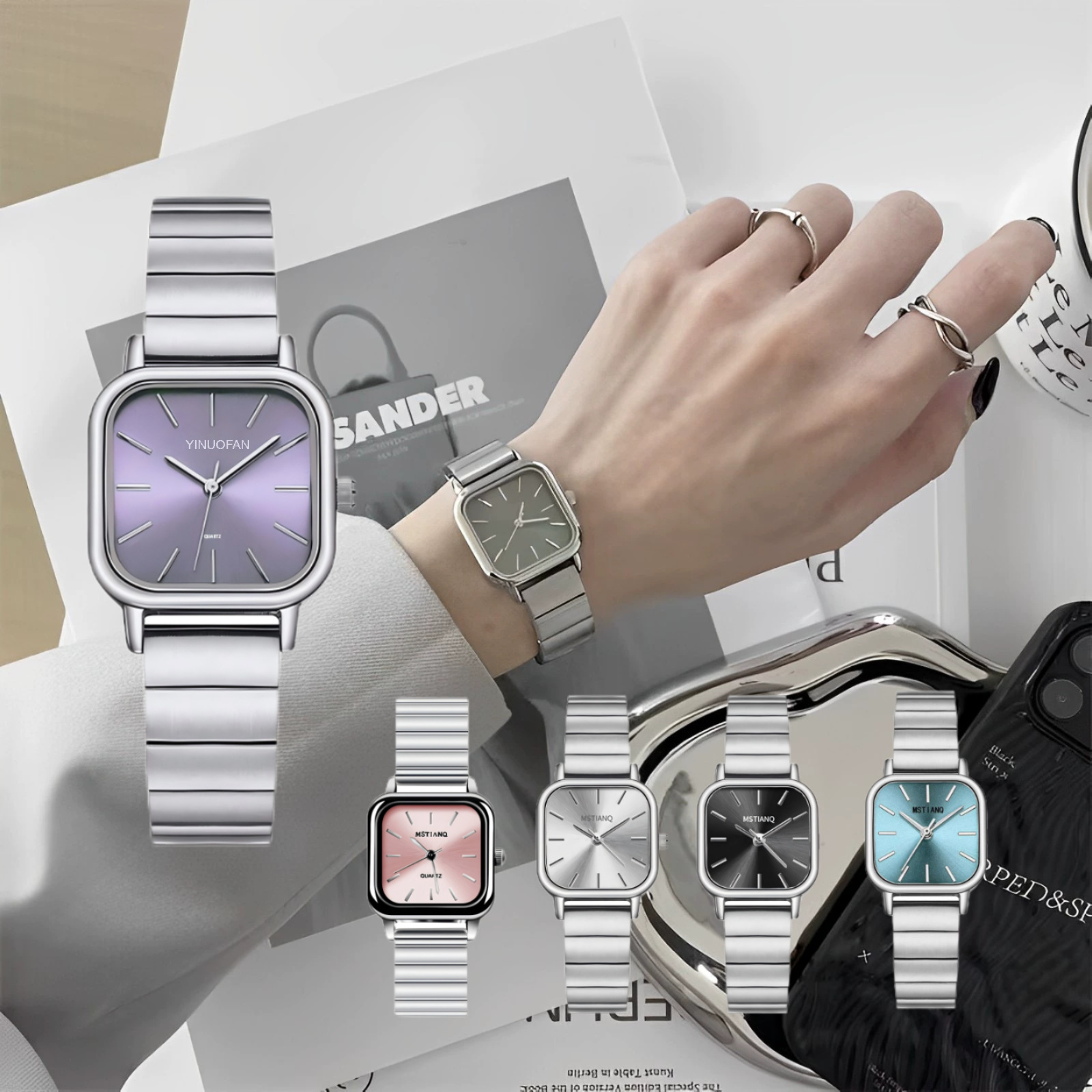 Women’s Minimalist Square Quartz Watch with Stainless Steel Expansion Band