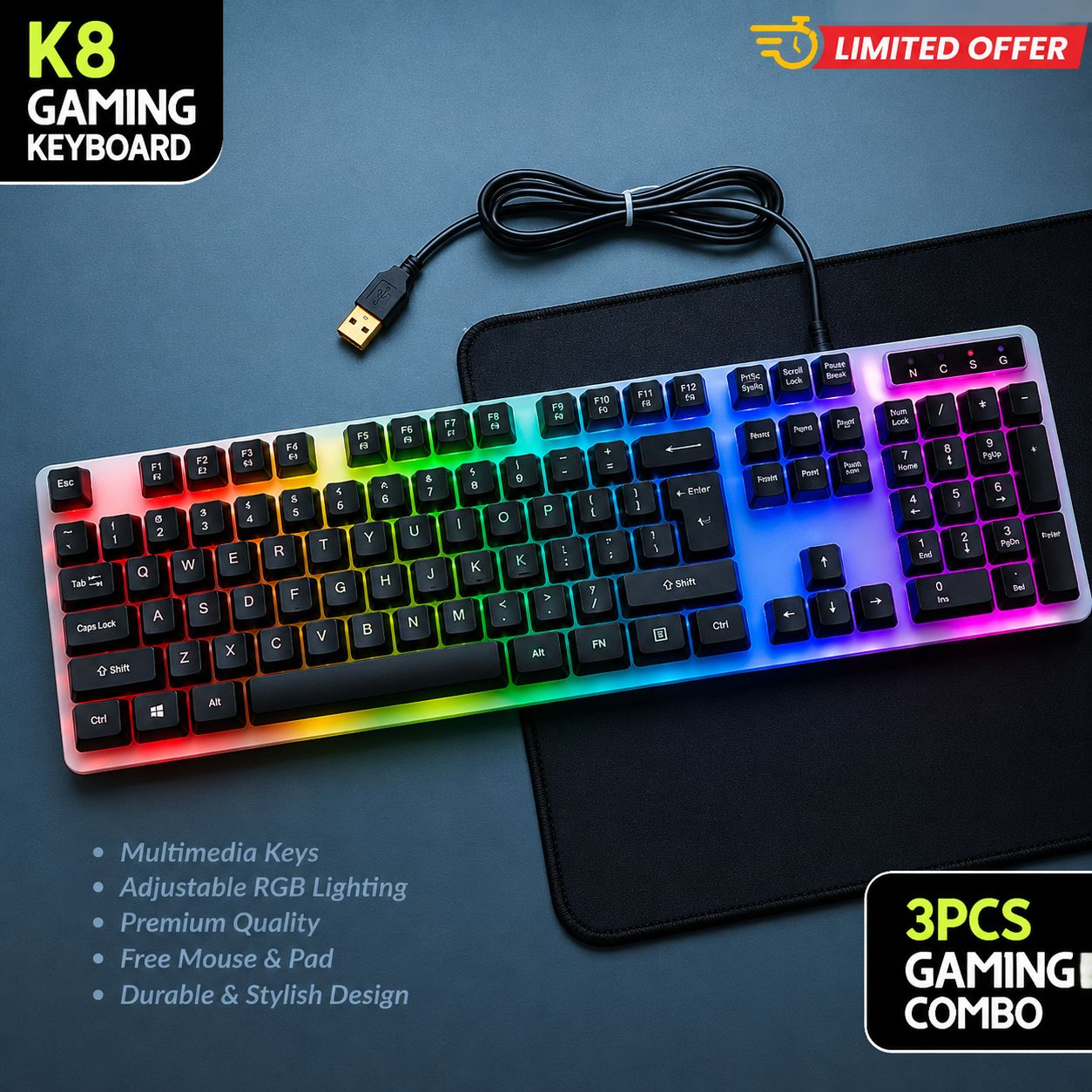 RGB Gaming Keyboard Mouse Combo with Large RGB Mouse Pad | 3PCS Gaming Set | USB Wired Mechanical Feel Keyboard | LED Gaming Mouse | PC Laptop Compatible