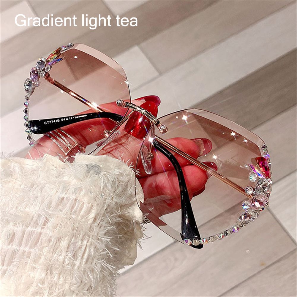 Vintage Cutting Lens UV400 Rhinestone Sunglasses Women Sun Glasses Rimless Sunglasses Gradient Rimless Sunglasses