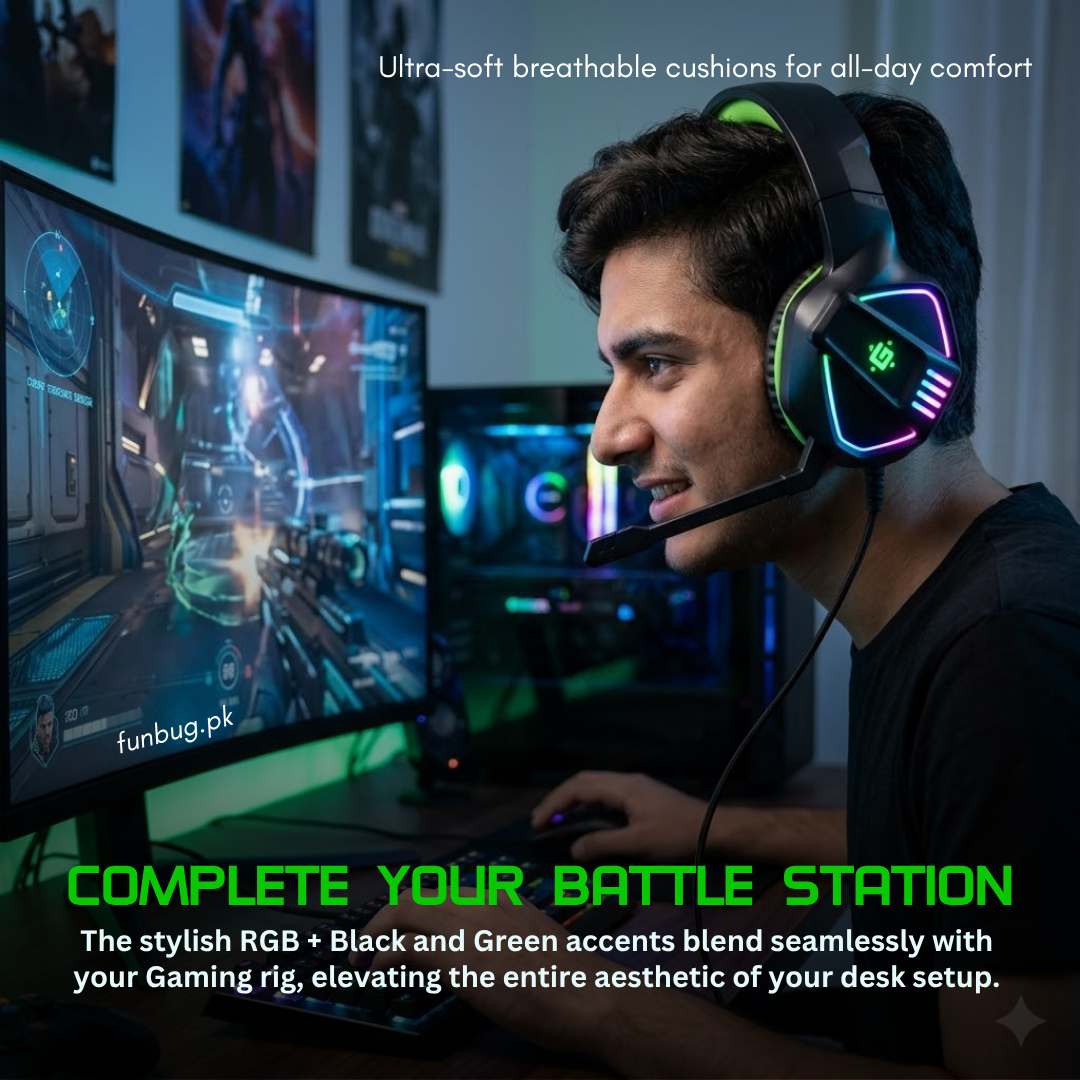 【Professional】 G60 Gaming Headphones Rgb with Mic for PC, Pubg Mobile, PS4, Laptop - 360 Surround Sound Super Bass Vibration Over the Ear Wired Head Phones Headset for Gaming with Noise Cancelling Micophone - By FunBug
