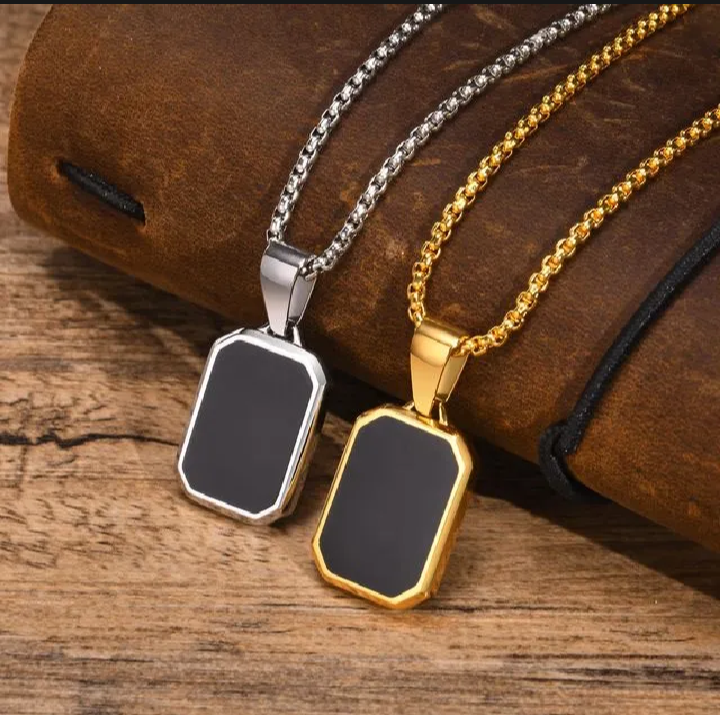 "Men's Bold Black Pendant Necklace – Luxury Stainless Steel Chain in Gold & Silver, Trendy Rectangle Design"