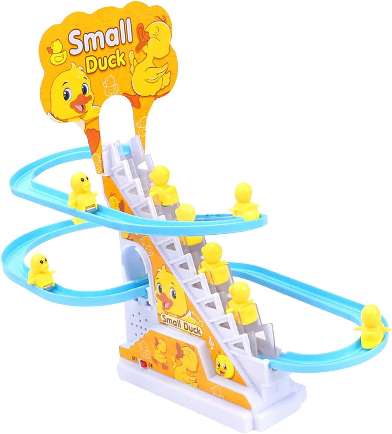 Small Duck Slide Toy,Electric Duck Climbing Stairs Tracks Slide Toy Set,Duck Roller Coaster Toy with Flashing Lights & Music On/Off Button