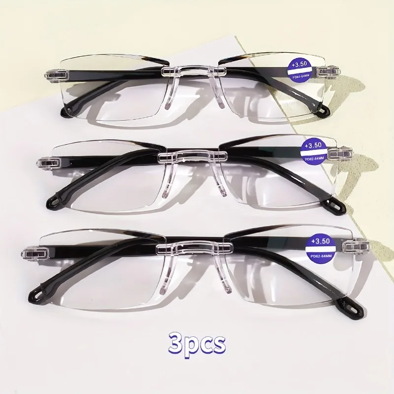 MJYIWANG 3-Piece Set of Men's and Women's Presbyopia Glasses - Stylish Frameless Rectangular Frame, Prescription +1.0 to +4.0