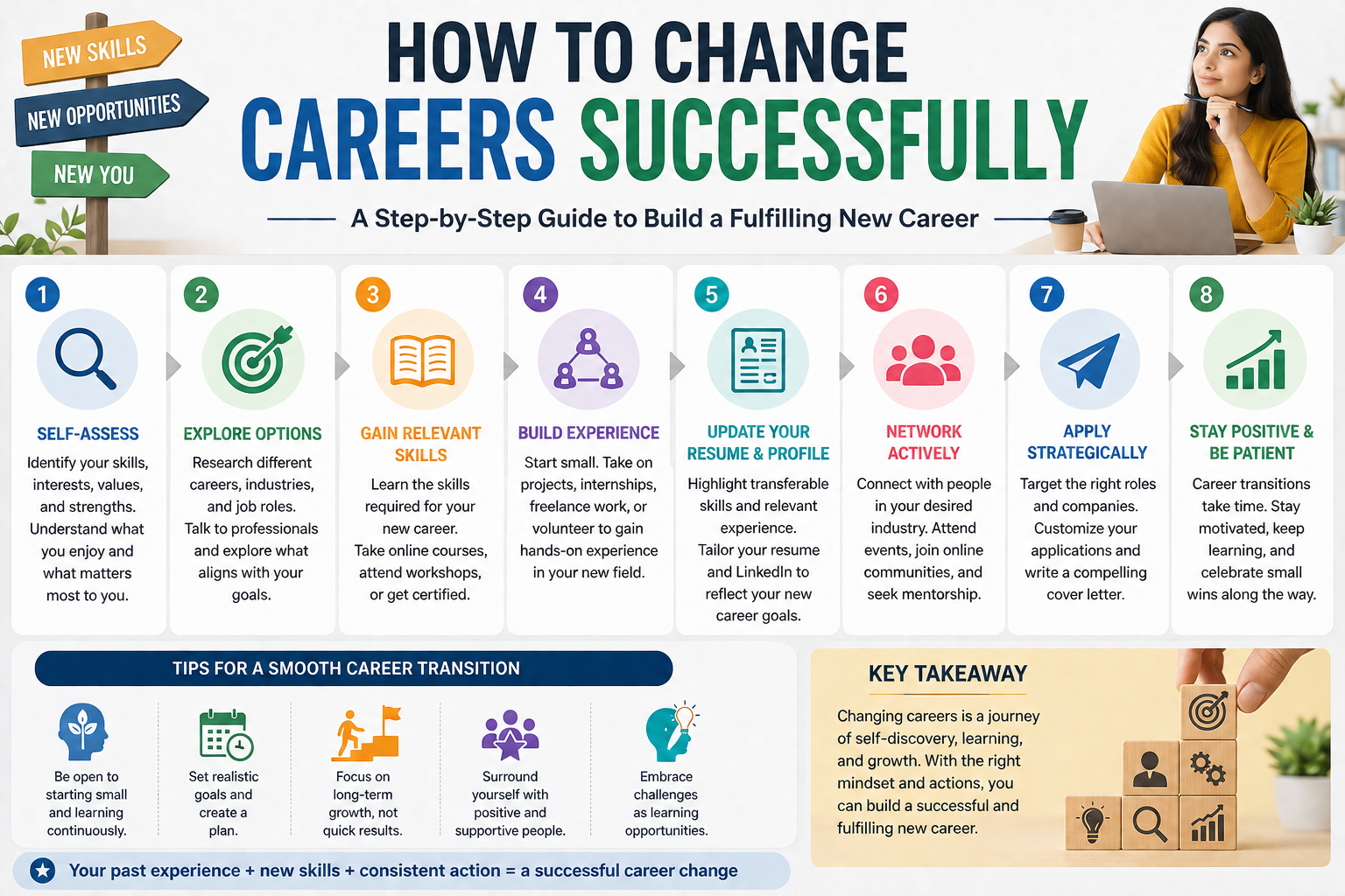 How to change careers successfully – comprehensive guide with 8 steps: self-assess, explore options, gain relevant skills, build experience, update resume and profile, network actively, apply strategically, and stay positive and be patient. Includes tips for a smooth transition.