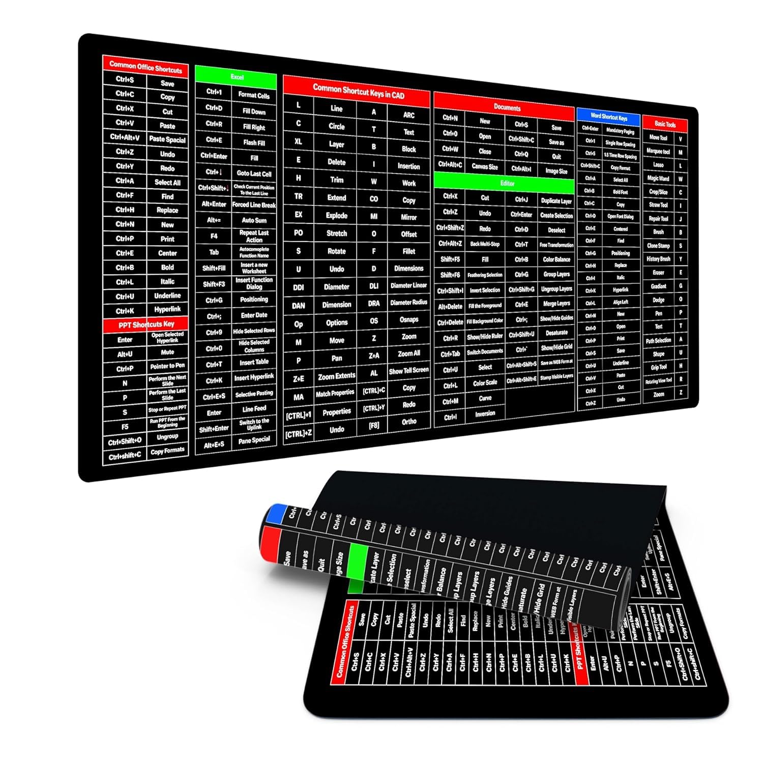 Keyboard Shortcut Mouse Pad 31.5 x 11.8 Inch – Office Excel Word PowerPoint Shortcut Cheat Sheet Desk Mat – Large Anti-Slip Keyboard Pad with Clear Shortcut Key Patterns