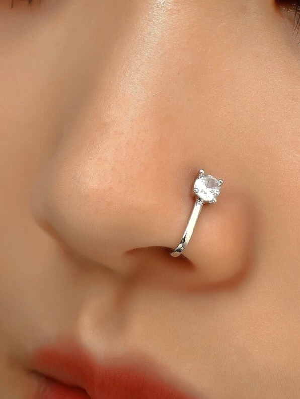 Zarkoon New Horizons Single Stone Stainless Steel Nose Ring Jewelry Nose Pin Jewelry Zarkoon Silver And Golden Embedded Stone Stylish Non Piercing Nose Stud Elegant Fashion Jewelry For Girls And Women